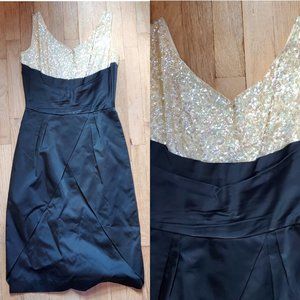 Vintage 50s Ivory Sequin Black V Neck Bodycon Sheath Dress Sleeveless Bow Back